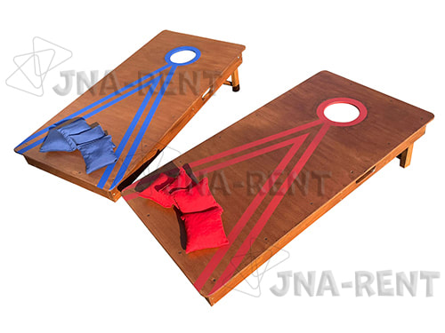 Afbeelding van een blauw en een rood cornhole spelbord